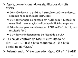 Agora, convencionando os significados dos bits
 COND:
   00 = não desviar; a próxima instrução estará no endereço
   seguinte na sequência de instruções
   01 = desviar para o endereço em ADDR se N = 1, isto é, se
   o resultado da operação realizada pela ULA for negativo
   10 = desviar para o endereço em ADDR se Z = 1, isto é, se o
   resultado for 0
   11 = desviar independente do resultado da ULA
 O sinal de controle de MMUX é resultado de
 R.N + L.Z + L.R (L é o bit à esquerda, e R é o bit à
 direita no par COND)
 Relembrando: ‘+’ é o operador lógico OR e ‘ . ’ é AND
                                                         124
 