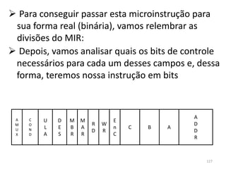  Para conseguir passar esta microinstrução para
 sua forma real (binária), vamos relembrar as
 divisões do MIR:
 Depois, vamos analisar quais os bits de controle
 necessários para cada um desses campos e, dessa
 forma, teremos nossa instrução em bits



                                                 A
 A   C   U   D   M   M           E
 M   O                   R   W                   D
 U   N   L   E   B   A           n   C   B   A
                         D   R                   D
 X   D   A   S   R   R           C
                                                 R



                                                     127
 