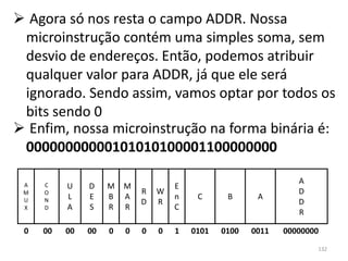  Agora só nos resta o campo ADDR. Nossa
 microinstrução contém uma simples soma, sem
 desvio de endereços. Então, podemos atribuir
 qualquer valor para ADDR, já que ele será
 ignorado. Sendo assim, vamos optar por todos os
 bits sendo 0
 Enfim, nossa microinstrução na forma binária é:
 00000000000101010100001100000000

                                                                A
 A   C    U    D    M   M           E
 M   O                      R   W                               D
 U   N    L    E    B   A           n    C      B      A
                            D   R                               D
 X   D    A    S    R   R           C
                                                                R

 0   00   00   00   0   0   0   0   1   0101   0100   0011   00000000
                                                                    132
 