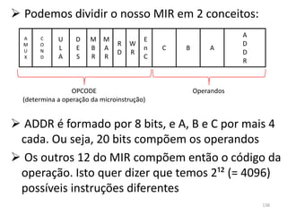 Podemos dividir o nosso MIR em 2 conceitos:
                                                                 A
  A    C     U     D    M M              E
  M    O                        R   W                            D
  U    N     L     E    B A              n   C   B       A
                                D   R                            D
  X    D     A     S    R R              C
                                                                 R



                  OPCODE                             Operandos
  (determina a operação da microinstrução)


 ADDR é formado por 8 bits, e A, B e C por mais 4
 cada. Ou seja, 20 bits compõem os operandos
 Os outros 12 do MIR compõem então o código da
 operação. Isto quer dizer que temos 2¹² (= 4096)
 possíveis instruções diferentes
                                                                     138
 
