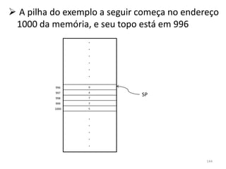  A pilha do exemplo a seguir começa no endereço
 1000 da memória, e seu topo está em 996
                  .
                  .
                  .
                  .
                  .
                  .

          996     9
          997     4
                  7
                              SP
          998
          999     2

          1000    5


                  .
                  .
                  .
                  .
                  .

                                             144
 