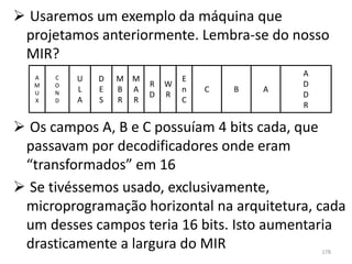  Usaremos um exemplo da máquina que
 projetamos anteriormente. Lembra-se do nosso
 MIR?
                                                 A
   A   C   U   D   M M           E
   M   O                 R   W                   D
   U   N   L   E   B A           n   C   B   A
                         D   R                   D
   X   D   A   S   R R           C
                                                 R

 Os campos A, B e C possuíam 4 bits cada, que
 passavam por decodificadores onde eram
 “transformados” em 16
 Se tivéssemos usado, exclusivamente,
 microprogramação horizontal na arquitetura, cada
 um desses campos teria 16 bits. Isto aumentaria
 drasticamente a largura do MIR                      178
 