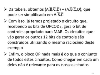  Da tabela, obtemos (A.B.C.D) + (A.B.C.D), que
 pode ser simplificado em A.B.C
 Com isso, já temos projetado o circuito que,
 recebendo os bits de OPCODE, gera o bit de
 controle apropriado para MAR. Os circuitos que
 vão gerar os outros 12 bits de controle são
 construídos utilizando o mesmo raciocínio deste
 exemplo
 Enfim, o bloco OP nada mais é do que o conjunto
 de todos estes circuitos. Como chegar em cada um
 deles não é relevante para os nossos estudos
                                             190
 