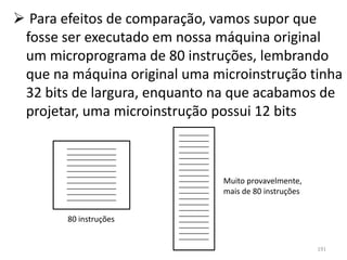  Para efeitos de comparação, vamos supor que
 fosse ser executado em nossa máquina original
 um microprograma de 80 instruções, lembrando
 que na máquina original uma microinstrução tinha
 32 bits de largura, enquanto na que acabamos de
 projetar, uma microinstrução possui 12 bits



                               Muito provavelmente,
                               mais de 80 instruções


        80 instruções


                                                       191
 
