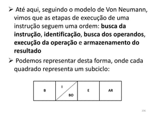  Até aqui, seguindo o modelo de Von Neumann,
 vimos que as etapas de execução de uma
 instrução seguem uma ordem: busca da
 instrução, identificação, busca dos operandos,
 execução da operação e armazenamento do
 resultado
 Podemos representar desta forma, onde cada
 quadrado representa um subciclo:

                 I
           B              E      AR
                     BO


                                             206
 