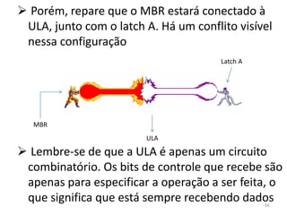  Porém, repare que o MBR estará conectado à
 ULA, junto com o latch A. Há um conflito visível
 nessa configuração
                                       Latch A




   MBR
                        ULA

 Lembre-se de que a ULA é apenas um circuito
 combinatório. Os bits de controle que recebe são
 apenas para especificar a operação a ser feita, o
 que significa que está sempre recebendo dados   66
 