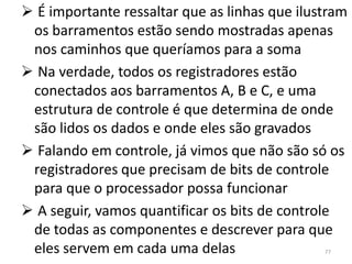  É importante ressaltar que as linhas que ilustram
 os barramentos estão sendo mostradas apenas
 nos caminhos que queríamos para a soma
 Na verdade, todos os registradores estão
 conectados aos barramentos A, B e C, e uma
 estrutura de controle é que determina de onde
 são lidos os dados e onde eles são gravados
 Falando em controle, já vimos que não são só os
 registradores que precisam de bits de controle
 para que o processador possa funcionar
 A seguir, vamos quantificar os bits de controle
 de todas as componentes e descrever para que
 eles servem em cada uma delas                 77
 
