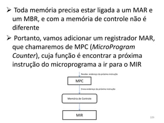  Toda memória precisa estar ligada a um MAR e
 um MBR, e com a memória de controle não é
 diferente
 Portanto, vamos adicionar um registrador MAR,
 que chamaremos de MPC (MicroProgram
 Counter), cuja função é encontrar a próxima
 instrução do microprograma a ir para o MIR
                             Recebe endereço da próxima instrução


                         MPC
                             Envia endereço da próxima instrução



                   Memória de Controle




                         MIR                                        109
 
