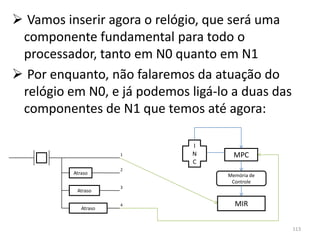  Vamos inserir agora o relógio, que será uma
 componente fundamental para todo o
 processador, tanto em N0 quanto em N1
 Por enquanto, não falaremos da atuação do
 relógio em N0, e já podemos ligá-lo a duas das
 componentes de N1 que temos até agora:

                              I
                      1       N       MPC
                              C
                      2
          Atraso                    Memória de
                                     Controle
                      3
           Atraso


             Atraso
                      4               MIR


                                                  113
 