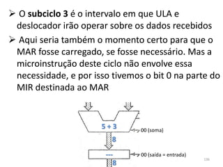  O subciclo 3 é o intervalo em que ULA e
 deslocador irão operar sobre os dados recebidos
 Aqui seria também o momento certo para que o
 MAR fosse carregado, se fosse necessário. Mas a
 microinstrução deste ciclo não envolve essa
 necessidade, e por isso tivemos o bit 0 na parte do
 MIR destinada ao MAR


                      5+3       00 (soma)
                         8
                       ---      00 (saída = entrada)
                                                       136
                          8
 