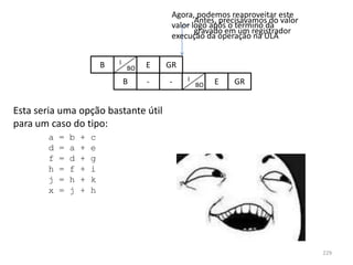 Agora, podemos reaproveitar este
                                                     Antes, precisávamos do valor
                                              valor logo após o término da
                                                     gravado em um registrador
                                              execução da operação na ULA


                            B   I        E   GR
                                    BO

                                    B    -   -    I        E   GR
                                                      BO


Esta seria uma opção bastante útil
para um caso do tipo:
        a   =   b   +   c
        d   =   a   +   e
        f   =   d   +   g
        h   =   f   +   i
        j   =   h   +   k
        x   =   j   +   h




                                                                                    229
 