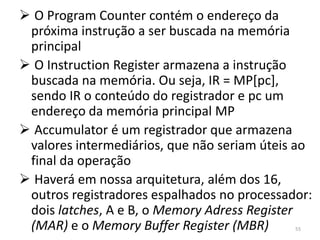  O Program Counter contém o endereço da
 próxima instrução a ser buscada na memória
 principal
 O Instruction Register armazena a instrução
 buscada na memória. Ou seja, IR = MP[pc],
 sendo IR o conteúdo do registrador e pc um
 endereço da memória principal MP
 Accumulator é um registrador que armazena
 valores intermediários, que não seriam úteis ao
 final da operação
 Haverá em nossa arquitetura, além dos 16,
 outros registradores espalhados no processador:
 dois latches, A e B, o Memory Adress Register
 (MAR) e o Memory Buffer Register (MBR)      55
 