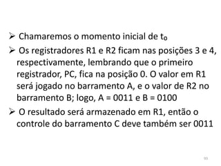  Chamaremos o momento inicial de t₀
 Os registradores R1 e R2 ficam nas posições 3 e 4,
 respectivamente, lembrando que o primeiro
 registrador, PC, fica na posição 0. O valor em R1
 será jogado no barramento A, e o valor de R2 no
 barramento B; logo, A = 0011 e B = 0100
 O resultado será armazenado em R1, então o
 controle do barramento C deve também ser 0011


                                                93
 