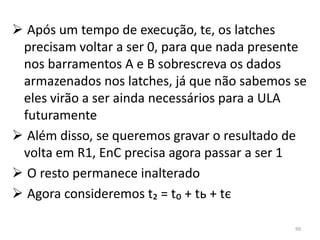  Após um tempo de execução, tє, os latches
 precisam voltar a ser 0, para que nada presente
 nos barramentos A e B sobrescreva os dados
 armazenados nos latches, já que não sabemos se
 eles virão a ser ainda necessários para a ULA
 futuramente
 Além disso, se queremos gravar o resultado de
 volta em R1, EnC precisa agora passar a ser 1
 O resto permanece inalterado
 Agora consideremos t₂ = t₀ + tь + tє

                                              99
 