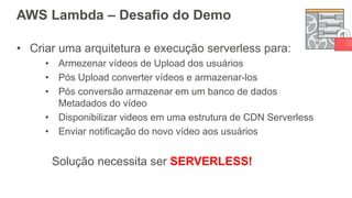 AWS Lambda – Desafio do Demo
• Criar uma arquitetura e execução serverless para:
• Armezenar vídeos de Upload dos usuários
• Pós Upload converter vídeos e armazenar-los
• Pós conversão armazenar em um banco de dados
Metadados do vídeo
• Disponibilizar videos em uma estrutura de CDN Serverless
• Enviar notificação do novo vídeo aos usuários
Solução necessita ser SERVERLESS!
 
