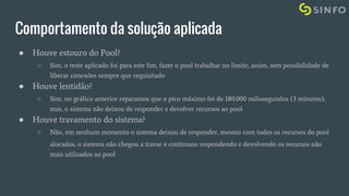 Comportamento da solução aplicada
● Houve estouro do Pool?
○ Sim, o teste aplicado foi para este fim, fazer o pool trabalhar no limite, assim, sem possibilidade de
liberar conexões sempre que requisitado
● Houve lentidão?
○ Sim, no gráfico anterior reparamos que o pico máximo foi de 180.000 milissegundos (3 minutos),
mas, o sistema não deixou de responder e devolver recursos ao pool
● Houve travamento do sistema?
○ Não, em nenhum momento o sistema deixou de responder, mesmo com todos os recursos do pool
alocados, o sistema não chegou a travar e continuou respondendo e devolvendo os recursos não
mais utilizados ao pool
 