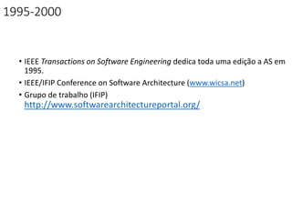 1995-2000
• IEEE Transactions on Software Engineering dedica toda uma edição a AS em
1995.
• IEEE/IFIP Conference on Software Architecture (www.wicsa.net)
• Grupo de trabalho (IFIP)
http://www.softwarearchitectureportal.org/
 