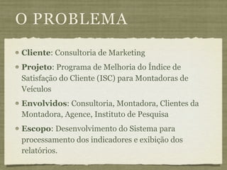 O PROBLEMA
Cliente: Consultoria de Marketing
Projeto: Programa de Melhoria do Índice de
Satisfação do Cliente (ISC) para Montadoras de
Veículos
Envolvidos: Consultoria, Montadora, Clientes da
Montadora, Agence, Instituto de Pesquisa
Escopo: Desenvolvimento do Sistema para
processamento dos indicadores e exibição dos
relatórios.
 