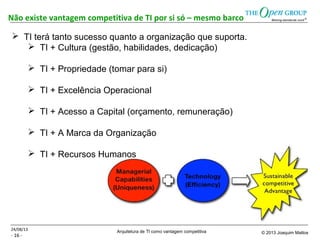 Arquitetura de TI como vantagem competitiva © 2013 Joaquim Mattos
- 16 -
Não existe vantagem competitiva de TI por si só – mesmo barco
24/08/13
 TI terá tanto sucesso quanto a organização que suporta.
 TI + Cultura (gestão, habilidades, dedicação)
 TI + Propriedade (tomar para si)
 TI + Excelência Operacional
 TI + Acesso a Capital (orçamento, remuneração)
 TI + A Marca da Organização
 TI + Recursos Humanos
 