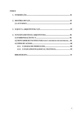 INDICE

  1. INTRODUÇÃO......................................................................................................... 02


  2. HISTÓRIA DO X.25................................................................................................. 03
      2.1. O TYMNET........................................................................................................ 03


  3. O QUE É A ARQUITETURA X.25......................................................................... 05


  4. FUNCIONAMENTO DA ARQUITETURA.......................................................... 06
      4.1.PADRONIZAÇÃO ITU-T................................................................................. 06
      4.2.MONTADOR DE PACOTES PAD(PACKET ASSEMBLER/ DISASSEMBLER).... 08
      4.3.TIPOS DE ACESSO............................................................................................ 08
           4.3.1. CAMADAS DO MODELO OSI............................................................. 08
           4.3.2. CANAIS LÓGICOS (LOGICAL CHANNELS)................................... 09


      BIBLIOGRAFIA....................................................................................................... 10




                                                                                                                             1
 