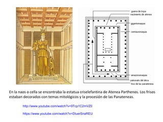http://www.youtube.com/watch?v=9Tcp1C2mVZ0
https://www.youtube.com/watch?v=DIuerSnaREU
En la naos o cella se encontraba la estatua criselefantina de Atenea Parthenos. Los frisos
estaban decorados con temas mitológicos y la procesión de las Panateneas.
 