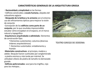 CARACTERÍSTICAS GENERALES DE LA ARQUITECTURA GRIEGA
- Racionalidad y simplicidad en las formas
- Edificios construidos a escala humana, alejados del
colosalismo egipcio
- Búsqueda de la belleza y la armonía con el entorno:
uso de refinamientos ópticos para mejorar la visión
de conjunto
-Concepción de los edificios como parte de un
conjunto, por lo que resultaba imprescindible
estudiar cómo encajaban en el espacio, en el marco
natural y topográfico
-Arquitectura arquitrabada o adintelada. Elementos
de construcción fijos:
• Elementos sustentantes: columna (diversos
órdenes arquitectónicos)
• Elementos sustentados: entablamento y
frontón
-Materiales constructivos: al principio, madera y
adobe. Después fueron sustituidos por conglomerado
o piedra arenisca y más tarde por mármol. Se
utilizaban sillares de piedra de tamaño no demasiado
grande.
-Edificios policromados: azul para los triglifos, rojo
para las metopas…
TEATRO GRIEGO DE DODONA
 