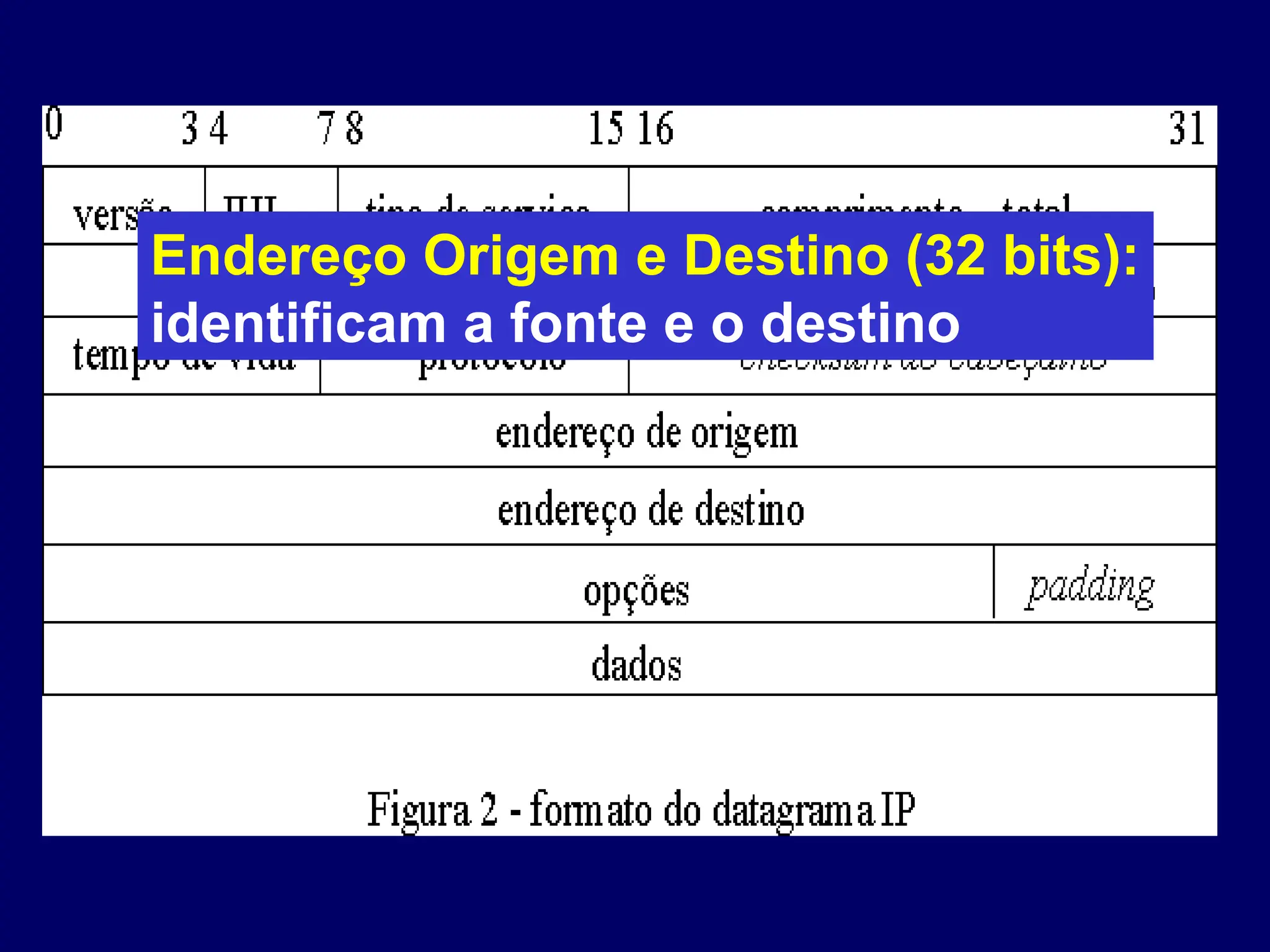 Endereço Origem e Destino (32 bits):
identificam a fonte e o destino
 
