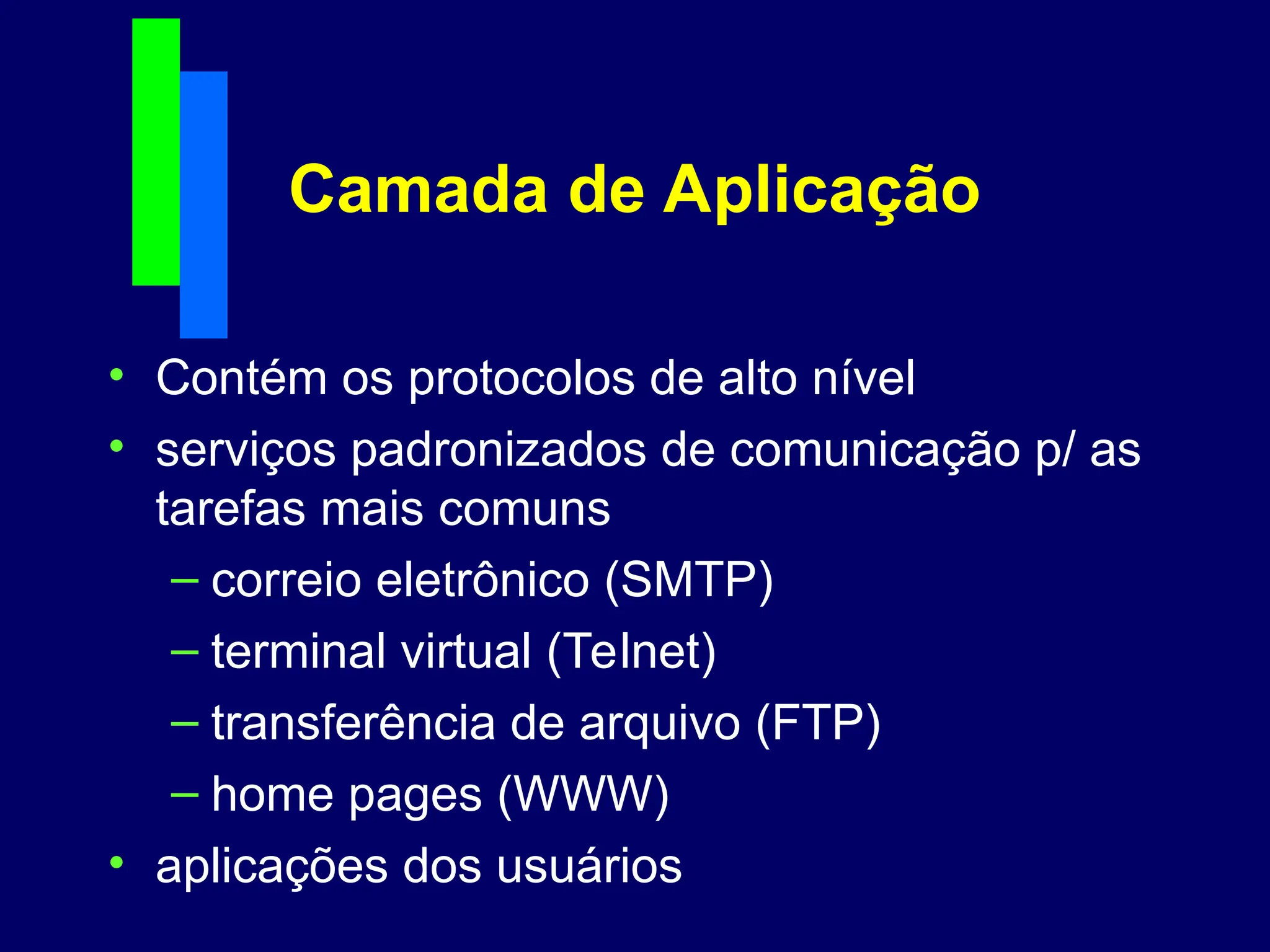 Camada de Aplicação
• Contém os protocolos de alto nível
• serviços padronizados de comunicação p/ as
tarefas mais comuns
– correio eletrônico (SMTP)
– terminal virtual (Telnet)
– transferência de arquivo (FTP)
– home pages (WWW)
• aplicações dos usuários
 