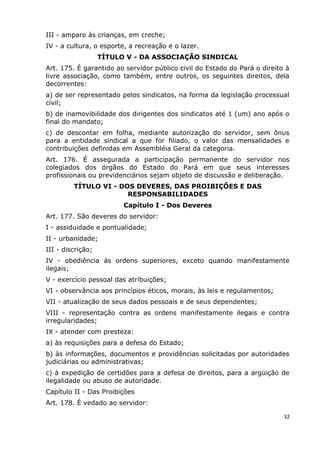 III - amparo às crianças, em creche;
IV - a cultura, o esporte, a recreação e o lazer.
TÍTULO V - DA ASSOCIAÇÃO SINDICAL
Art. 175. É garantido ao servidor público civil do Estado do Pará o direito à
livre associação, como também, entre outros, os seguintes direitos, dela
decorrentes:
a) de ser representado pelos sindicatos, na forma da legislação processual
civil;
b) de inamovibilidade dos dirigentes dos sindicatos até 1 (um) ano após o
final do mandato;
c) de descontar em folha, mediante autorização do servidor, sem ônus
para a entidade sindical a que for filiado, o valor das mensalidades e
contribuições definidas em Assembléia Geral da categoria.
Art. 176. É assegurada a participação permanente do servidor nos
colegiados dos órgãos do Estado do Pará em que seus interesses
profissionais ou previdenciários sejam objeto de discussão e deliberação.
TÍTULO VI - DOS DEVERES, DAS PROIBIÇÕES E DAS
RESPONSABILIDADES
Capítulo I - Dos Deveres
Art. 177. São deveres do servidor:
I - assiduidade e pontualidade;
II - urbanidade;
III - discrição;
IV - obediência às ordens superiores, exceto quando manifestamente
ilegais;
V - exercício pessoal das atribuições;
VI - observância aos princípios éticos, morais, às leis e regulamentos;
VII - atualização de seus dados pessoais e de seus dependentes;
VIII - representação contra as ordens manifestamente ilegais e contra
irregularidades;
IX - atender com presteza:
a) às requisições para a defesa do Estado;
b) às informações, documentos e providências solicitadas por autoridades
judiciárias ou administrativas;
c) à expedição de certidões para a defesa de direitos, para a argüição de
ilegalidade ou abuso de autoridade.
Capítulo II - Das Proibições
Art. 178. É vedado ao servidor:
32
 