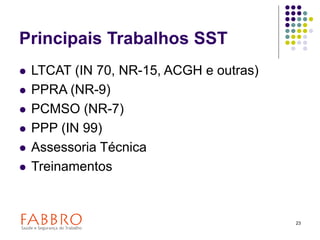 23
Principais Trabalhos SST
 LTCAT (IN 70, NR-15, ACGH e outras)
 PPRA (NR-9)
 PCMSO (NR-7)
 PPP (IN 99)
 Assessoria Técnica
 Treinamentos
 