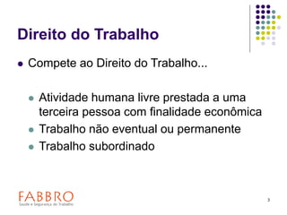 3
Direito do Trabalho
 Compete ao Direito do Trabalho...
 Atividade humana livre prestada a uma
terceira pessoa com finalidade econômica
 Trabalho não eventual ou permanente
 Trabalho subordinado
 