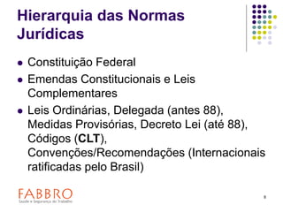 8
Hierarquia das Normas
Jurídicas
 Constituição Federal
 Emendas Constitucionais e Leis
Complementares
 Leis Ordinárias, Delegada (antes 88),
Medidas Provisórias, Decreto Lei (até 88),
Códigos (CLT),
Convenções/Recomendações (Internacionais
ratificadas pelo Brasil)
 