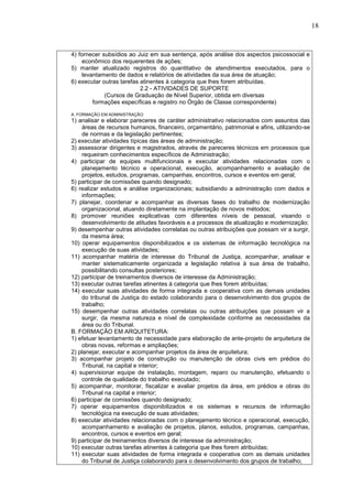 18
4) fornecer subsídios ao Juiz em sua sentença, após análise dos aspectos psicossocial e
econômico dos requerentes de ações;
5) manter atualizado registros do quantitativo de atendimentos executados, para o
levantamento de dados e relatórios de atividades da sua área de atuação;
6) executar outras tarefas atinentes à categoria que lhes forem atribuídas.
2.2 - ATIVIDADES DE SUPORTE
(Cursos de Graduação de Nível Superior, obtida em diversas
formações específicas e registro no Órgão de Classe correspondente)
A. FORMAÇÃO EM ADMINISTRAÇÃO:
1) analisar e elaborar pareceres de caráter administrativo relacionados com assuntos das
áreas de recursos humanos, financeiro, orçamentário, patrimonial e afins, utilizando-se
de normas e da legislação pertinentes;
2) executar atividades típicas das áreas de administração;
3) assessorar dirigentes e magistrados, através de pareceres técnicos em processos que
requeiram conhecimentos específicos de Administração;
4) participar de equipes multifuncionais e executar atividades relacionadas com o
planejamento técnico e operacional, execução, acompanhamento e avaliação de
projetos, estudos, programas, campanhas, encontros, cursos e eventos em geral;
5) participar de comissões quando designado;
6) realizar estudos e análise organizacionais; subsidiando a administração com dados e
informações;
7) planejar, coordenar e acompanhar as diversas fases do trabalho de modernização
organizacional, atuando diretamente na implantação de novos métodos;
8) promover reuniões explicativas com diferentes níveis de pessoal, visando o
desenvolvimento de atitudes favoráveis e a processos de atualização e modernização;
9) desempenhar outras atividades correlatas ou outras atribuições que possam vir a surgir,
da mesma área;
10) operar equipamentos disponibilizados e os sistemas de informação tecnológica na
execução de suas atividades;
11) acompanhar matéria de interesse do Tribunal de Justiça, acompanhar, analisar e
manter sistematicamente organizada a legislação relativa à sua área de trabalho,
possibilitando consultas posteriores;
12) participar de treinamentos diversos de interesse da Administração;
13) executar outras tarefas atinentes à categoria que lhes forem atribuídas;
14) executar suas atividades de forma integrada e cooperativa com as demais unidades
do tribunal de Justiça do estado colaborando para o desenvolvimento dos grupos de
trabalho;
15) desempenhar outras atividades correlatas ou outras atribuições que possam vir a
surgir, da mesma natureza e nível de complexidade conforme as necessidades da
área ou do Tribunal.
B. FORMAÇÃO EM ARQUITETURA:
1) efetuar levantamento de necessidade para elaboração de ante-projeto de arquitetura de
obras novas, reformas e ampliações;
2) planejar, executar e acompanhar projetos da área de arquitetura;
3) acompanhar projeto de construção ou manutenção de obras civis em prédios do
Tribunal, na capital e interior;
4) supervisionar equipe de instalação, montagem, reparo ou manutenção, efetuando o
controle de qualidade do trabalho executado;
5) acompanhar, monitorar, fiscalizar e avaliar projetos da área, em prédios e obras do
Tribunal na capital e interior;
6) participar de comissões quando designado;
7) operar equipamentos disponibilizados e os sistemas e recursos de informação
tecnológica na execução de suas atividades;
8) executar atividades relacionadas com o planejamento técnico e operacional, execução,
acompanhamento e avaliação de projetos, planos, estudos, programas, campanhas,
encontros, cursos e eventos em geral;
9) participar de treinamentos diversos de interesse da administração;
10) executar outras tarefas atinentes à categoria que lhes forem atribuídas;
11) executar suas atividades de forma integrada e cooperativa com as demais unidades
do Tribunal de Justiça colaborando para o desenvolvimento dos grupos de trabalho;
 