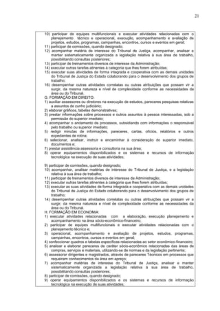 21
10) participar de equipes multifuncionais e executar atividades relacionadas com o
planejamento técnico e operacional, execução, acompanhamento e avaliação de
projetos, estudos, programas, campanhas, encontros, cursos e eventos em geral;
11) participar de comissões, quando designado;
12) acompanhar matéria de interesse do Tribunal de Justiça, acompanhar, analisar e
manter sistematicamente organizada a legislação relativa à sua área de trabalho,
possibilitando consultas posteriores;
13) participar de treinamentos diversos de interesse da Administração;
14) executar outras tarefas atinentes à categoria que lhes forem atribuídas;
15) executar suas atividades de forma integrada e cooperativa com as demais unidades
do Tribunal de Justiça do Estado colaborando para o desenvolvimento dos grupos de
trabalho;
16) desempenhar outras atividades correlatas ou outras atribuições que possam vir a
surgir, da mesma natureza e nível de complexidade conforme as necessidades da
área ou do Tribunal.
G. FORMAÇÃO EM DIREITO:
1) auxiliar assessores ou diretores na execução de estudos, pareceres pesquisas relativas
a assuntos de cunho judiciário;
2) elaborar gráficos, tabelas demonstrativas;
3) prestar informações sobre processos e outros assuntos à pessoa interessadas, sob a
permissão do superior imediato;
4) acompanhar o andamento de processos, subsidiando com informações o responsável
pelo trabalho ou superior imediato;
5) redigir minutas de informações, pareceres, cartas, ofícios, relatórios e outros
expedientes de rotina;
6) selecionar, analisar, instruir e encaminhar à consideração do superior imediato,
documentos e;
7) prestar assistência assessoria e consultoria na sua área;
8) operar equipamentos disponibilizados e os sistemas e recursos de informação
tecnológica na execução de suas atividades;
9) participar de comissões, quando designado;
10) acompanhar, analisar matérias de interesse do Tribunal de Justiça, e a legislação
relativa à sua área de trabalho;
11) participar de treinamentos diversos de interesse da Administração;
12) executar outras tarefas atinentes à categoria que lhes forem atribuídas;
13) executar as suas atividades de forma integrada e cooperativa com as demais unidades
do Tribunal de Justiça do Estado colaborando para o desenvolvimento dos grupos de
trabalho;
14) desempenhar outras atividades correlatas ou outras atribuições que possam vir a
surgir, da mesma natureza e nível de complexidade conforme as necessidades da
área ou do Tribunal.
H. FORMAÇÃO EM ECONOMIA:
1) executar atividades relacionadas com a elaboração, execução planejamento e
acompanhamento na área sócio-econômico-financeiro;
2) participar de equipes multifuncionais e executar atividades relacionadas com o
planejamento técnico e;
3) operacional, acompanhamento e avaliação de projetos, estudos, programas,
campanhas, encontros, cursos e eventos em geral;
4) confeccionar quadros e tabelas específicas relacionadas ao setor econômico-financeiro;
5) analisar e elaborar pareceres de caráter sócio-econômico relacionadas das áreas de
compras, serviços e materiais, utilizando-se de normas e da legislação pertinente;
6) assessorar dirigentes e magistrados, através de pareceres Técnicos em processos que
requeiram conhecimentos da área em apreço;
7) acompanhar matérias de interesse do Tribunal de Justiça, analisar e manter
sistematicamente organizada a legislação relativa à sua área de trabalho,
possibilitando consultas posteriores;
8) participar de comissões, quando designado;
9) operar equipamentos disponibilizados e os sistemas e recursos de informação
tecnológica na execução de suas atividades;
 