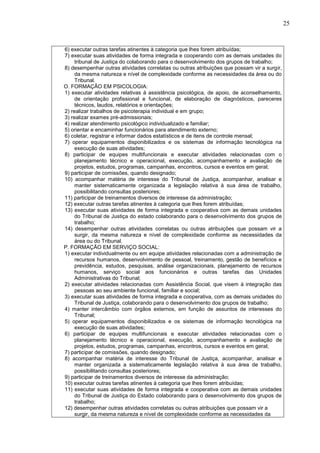 25
6) executar outras tarefas atinentes à categoria que lhes forem atribuídas;
7) executar suas atividades de forma integrada e cooperando com as demais unidades do
tribunal de Justiça do colaborando para o desenvolvimento dos grupos de trabalho;
8) desempenhar outras atividades correlatas ou outras atribuições que possam vir a surgir,
da mesma natureza e nível de complexidade conforme as necessidades da área ou do
Tribunal.
O. FORMAÇÃO EM PSICOLOGIA:
1) executar atividades relativas à assistência psicológica, de apoio, de aconselhamento,
de orientação profissional e funcional, de elaboração de diagnósticos, pareceres
técnicos, laudos, relatórios e orientações;
2) realizar trabalhos de psicoterapia individual e em grupo;
3) realizar exames pré-admissionais;
4) realizar atendimento psicológico individualizado e familiar;
5) orientar e encaminhar funcionários para atendimento externo;
6) coletar, registrar e informar dados estatísticos e de itens de controle mensal;
7) operar equipamentos disponibilizados e os sistemas de informação tecnológica na
execução de suas atividades;
8) participar de equipes multifuncionais e executar atividades relacionadas com o
planejamento técnico e operacional, execução, acompanhamento e avaliação de
projetos, estudos, programas, campanhas, encontros, cursos e eventos em geral;
9) participar de comissões, quando designado;
10) acompanhar matéria de interesse do Tribunal de Justiça, acompanhar, analisar e
manter sistematicamente organizada a legislação relativa à sua área de trabalho,
possibilitando consultas posteriores;
11) participar de treinamentos diversos de interesse da administração;
12) executar outras tarefas atinentes à categoria que lhes forem atribuídas;
13) executar suas atividades de forma integrada e cooperativa com as demais unidades
do Tribunal de Justiça do estado colaborando para o desenvolvimento dos grupos de
trabalho;
14) desempenhar outras atividades correlatas ou outras atribuições que possam vir a
surgir, da mesma natureza e nível de complexidade conforme as necessidades da
área ou do Tribunal.
P. FORMAÇÃO EM SERVIÇO SOCIAL:
1) executar individualmente ou em equipe atividades relacionadas com a administração de
recursos humanos, desenvolvimento de pessoal, treinamento, gestão de benefícios e
previdência, estudos, pesquisas, análise organizacionais, planejamento de recursos
humanos, serviço social aos funcionários e outras tarefas das Unidades
Administrativas do Tribunal;
2) executar atividades relacionadas com Assistência Social, que visem à integração das
pessoas ao seu ambiente funcional, familiar e social;
3) executar suas atividades de forma integrada e cooperativa, com as demais unidades do
Tribunal de Justiça, colaborando para o desenvolvimento dos grupos de trabalho;
4) manter intercâmbio com órgãos externos, em função de assuntos de interesses do
Tribunal;
5) operar equipamentos disponibilizados e os sistemas de informação tecnológica na
execução de suas atividades;
6) participar de equipes multifuncionais e executar atividades relacionadas com o
planejamento técnico e operacional, execução, acompanhamento e avaliação de
projetos, estudos, programas, campanhas, encontros, cursos e eventos em geral;
7) participar de comissões, quando designado;
8) acompanhar matéria de interesse do Tribunal de Justiça, acompanhar, analisar e
manter organizada a sistematicamente legislação relativa à sua área de trabalho,
possibilitando consultas posteriores;
9) participar de treinamentos diversos de interesse da administração;
10) executar outras tarefas atinentes à categoria que lhes forem atribuídas;
11) executar suas atividades de forma integrada e cooperativa com as demais unidades
do Tribunal de Justiça do Estado colaborando para o desenvolvimento dos grupos de
trabalho;
12) desempenhar outras atividades correlatas ou outras atribuições que possam vir a
surgir, da mesma natureza e nível de complexidade conforme as necessidades da
 