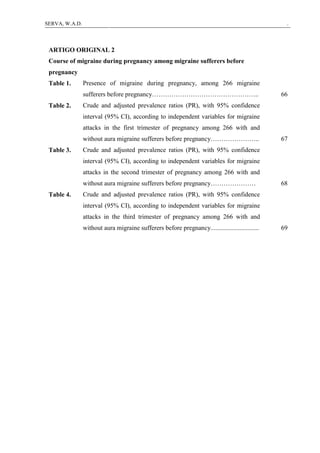 9SERVA, W.A.D.
ARTIGO ORIGINAL 2
Course of migraine during pregnancy among migraine sufferers before
pregnancy
Table 1. Presence of migraine during pregnancy, among 266 migraine
sufferers before pregnancy………………………………………….. 66
Table 2. Crude and adjusted prevalence ratios (PR), with 95% confidence
interval (95% CI), according to independent variables for migraine
attacks in the first trimester of pregnancy among 266 with and
without aura migraine sufferers before pregnancy………………….. 67
Table 3. Crude and adjusted prevalence ratios (PR), with 95% confidence
interval (95% CI), according to independent variables for migraine
attacks in the second trimester of pregnancy among 266 with and
without aura migraine sufferers before pregnancy………………… 68
Table 4. Crude and adjusted prevalence ratios (PR), with 95% confidence
interval (95% CI), according to independent variables for migraine
attacks in the third trimester of pregnancy among 266 with and
without aura migraine sufferers before pregnancy.............................. 69
 
