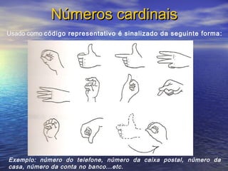 Números cardinais
Usado como código representativo é sinalizado da seguinte forma:

Exemplo: número do telefone, número da caixa postal, número da
casa, número da conta no banco...etc.

 