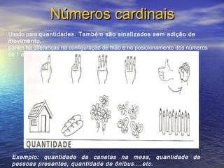Números cardinais
Usado para quantidades. Também são sinalizados sem adição de
movimento,
porém há diferenças na configuração de mão e no posicionamento dos números
de 1 a 4, observe:

Exemplo: quantidade de canetas na mesa, quantidade de
pessoas presentes, quantidade de ônibus....etc.

 