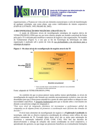Anais do IX Simpósio de Administração da
Produção, Logística e Operações
Internacionais
SIMPOI 2006 - FGV-EAESP
organizacionais, a TI passa ser vista com um elemento essencial para o ciclo de transformação
de qualquer estratégia, seja como plano, seja como viabilizadora do intento corporativo
(PAPP & LUFTMAN, 1995; PRADO JR, 2002).
A RECONFIGURAÇÃO DOS NEGÓCIOS ATRAVÉS DA TI
A noção de diferentes níveis de reconfiguração estratégica do negócio deriva de
VENKATRAMAN (1994) que em um texto clássico propõe um modelo conceitual da forma
pela qual a TI é utilizada para modificar a natureza do negócio e das organizações. No modelo
de Venkatraman (Figura 1), o uso que se faz da Tecnologia da Informação em dada
organização é analisado sob o ponto de vista da sua profundidade e da relevância para a
estratégia do negócio
Figura 1– Os cinco níveis de reconfiguração do negócio através da TI
.
Fonte: adaptado de VENKATRAMAN (1994)
Ao contrário do que se possa parecer numa análise menos aprofundada, os níveis de
reconfiguração do negócio não formam um caminho necessariamente evolutivo, mas sim são
desenhados para que a firma possa entendê-los a ponto de saber qual melhor se adequa às suas
necessidades específicas. A pergunta fundamental
O nível mais elementar de reconfiguração do negócio é a Exploração Localizada da
tecnologia, onde não se observa expressiva coordenação de esforços como reflexo de uma
política estruturada de TI. Exemplo típico deste nível são as ações para automação de
escritórios e automação industrial (CAD, CAM, CAE). Pelo fato das decisões de
desenvolvimento e entrega de soluções não serem coordenadas no nível corporativo, o
aprendizado dos gestores, no que tange aos potenciais benefícios ou eventualmente limitações
para que se decida sobre o movimento em
direção a um próximo estágio de integração é:
“Este novo nível de integração eletrônica irá incrementar a performance global da
companhia ou de alguma forma irá promover a coordenação mais eficiente das tomadas de
decisão? “
 