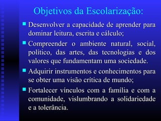 Objetivos da Escolarização:
 Desenvolver a capacidade de aprender paraDesenvolver a capacidade de aprender para
dominar leitura, escrita e cálculo;dominar leitura, escrita e cálculo;
 Compreender o ambiente natural, social,Compreender o ambiente natural, social,
político, das artes, das tecnologias e dospolítico, das artes, das tecnologias e dos
valores que fundamentam uma sociedade.valores que fundamentam uma sociedade.
 Adquirir instrumentos e conhecimentos paraAdquirir instrumentos e conhecimentos para
se obter uma visão crítica de mundo;se obter uma visão crítica de mundo;
 Fortalecer vínculos com a família e com aFortalecer vínculos com a família e com a
comunidade, vislumbrando a solidariedadecomunidade, vislumbrando a solidariedade
e a tolerância.e a tolerância.
 