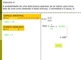 Exercício 4:
A probabilidade de uma bola branca aparecer ao se retirar uma única
bola de uma urna contendo 4 bolas brancas, 3 vermelhas e 5 azuis, é:
ESPAÇO AMOSTRAL
E = {B, B, B, B, V, V, V, A, A, A, A, A}
EVENTO DESEJADO
A = {B, B, B, B }
n(E) = 4
n(E) = 12
)(
)(
)(
En
An
AP =
P(A) =
4
12
= 0,333…
x 100
33%
 