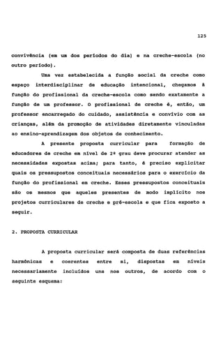 125



convivência (em um dos períodos do dia) e na creche-escola (no
outro período).
           Uma vez estabelecida a função social da creche como
espaço    interdisciplinar    de    educação         intencional,   chegamos      a
função do profissional da creche-escola como sendo exatamente a
função de um professor. O profissional de creche é,                   então, um
professor encarregado do cuidado, assistência e convivio com as
crianças, além da promoção de atividades diretamente vinculadas
ao ensino-aprendizagem dos objetos de conhecimento.
           A   presente    proposta      curricular        para     formação     de
educadores de creche em nível de 2 Q grau deve procurar atender as
necessidades expostas acima; para tanto, 6 preciso explicitar
quais os pressupostos conceituais necessários para o exercício da
função do profissional em creche, Esses pressupostos conceituais
são os mesmos      que    aqueles presentes           de   modo   implicito    nos
projetos curriculares de creche e pré-escola e que fica exposto a
seguir.


2. PROPOSTA CURRICULAR



           A proposta curricular será composta de duas referências
harmhicas      e   coerentes       entre       si,     dispostas     em    níveis
necessariamente     incluídos      uns   nos    outros,      de   acordo   com    o
seguinte esquemas
 