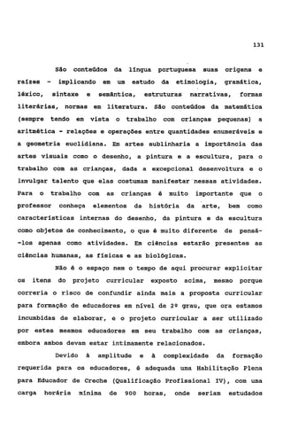 13 1


                São   conteúdos da           língua portuguesa             suas origens       e
raizes      -    implicando em          um    estudo         da   etimologia,      gramática,
léxico,         sintaxe    e    sembntica,             estruturas    narrativas,          formas
literárias, normas em literatura. São conteúdos da matemática
(sempre tendo em vista                  o trabalho com crianças pequenas) a
aritmética       - relações e operações entre quantidades enumeráveis e
a geometria euclidiana. Em artes sublinharia a importância das
artes visuais como o desenho, a pintura e a escultura, para o
trabalho com as crianças, dada a excepcional desenvoltura e o
invulgar talento que elas costumam manifestar nessas atividades.
Para    o    trabalho       com    as    crianças é muito                 importante que      o
professor        conheça       elementos da             história     da    arte,    bem    como
características internas do desenho, da pintura e da escultura
como objetos de conhecimento, o que é muito diferente                              de    pensá-
-10s apenas como atividades. Em ciências estarão presentes as
ciências humanas, as físicas e as biológicas.
                M o é o espaço nem o tempo de aqui procurar explicitar
                 ã
os   itens do         projeto      curricular exposto               acima,    mesmo       porque
correria o risco de confundir ainda mais a proposta curricular
para formação de educadores em nível de 2s grau, que ora estamos
incumbidas de elaborar, e o projeto curricular a ser utilizado
por estes mesmos educadores em seu trabalho com as crianças,
embora ambos devam estar intimamente relacionados.
                Devido     â    amplitude          e     h   complexidade      da       formação
requerida para os educadores, é adequada uma Habilitação Plena
para Educador de Creche (Qualificação Profissional IV), com uma
carga       horária       mínima   de        900       horas,     onde    seriam    estudados
 