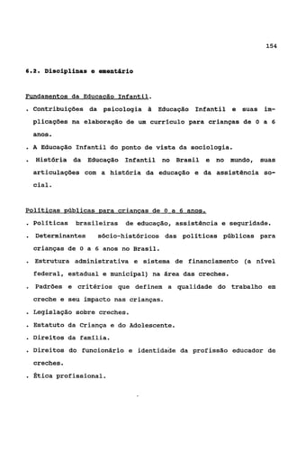 154



6.2.   Disciplinas e ementário


Fundamentos da Educacão Infantil.
. Contribuições     da psicologia   Educação Infantil e suas im-
    plicações na elaboração de um currlculo para crianças de O a 6
    anos.
. A Educação Infantil do ponto de vista da sociologia.
. História da Educação Infantil no Brasil e no mundo,              suas
    articulações com a história da educação e da assistência so-
    cial.


Políticas públicas para criancas de      O   a 6 anos.
. Pollticas brasileiras de educação, assistência e seguridade.
. Determinantes sócio-históricos das políticas públicas para
    crianças de O a 6 anos no Brasil.
.   Estrutura administrativa e sistema de financiamento (a nível
    federal, estadual e municipal) na área das creches.
-   Padrões e critérios que definem a qualidade do trabalho em
    creche e seu impacto nas crianças.
. Legislação     sobre creches.
. Estatuto da Criança e do Adolescente.
. Direitos da famllia.
. Direitos do funcionário e identidade         da profissão educador de
    creches.
. Ética     profissional.
 