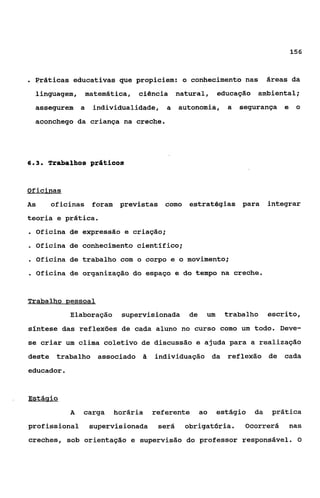 156


. Práticas educativas que propiciem:        o conhecimento nas           áreas da
  linguagem,    matemática,    ciência     natural,      educação   ambiental;
  assegurem a     individualidade, a       autonomia, a       segurança e       o
  aconchego da criança na creche.




63
 ..   Trabalhos práticos


Oficinas
As    oficinas foram previstas como estratégias para                     integrar
teoria e prática.
. Oficina de expressão e criação;
. Oficina de conhecimento científico;
. Oficina de trabalho com o corpo e o movimento;
. Oficina   de organização do espaço e do tempo na creche.


Trabalho pessoal
            Elaboração    supervisionada      de    um    trabalho       escrito,
síntese das reflexões de cada aluno no curso como um todo. Deve-
se Criar um clima coletivo de discussão e ajuda para a realização
deste trabalho associado           individuaçáo da reflexão de               cada
educador.


Estácrio
            A   carga    horária   referente       ao    estágio    da    prática
profissional     supervisionada     será     obrigatória.      Ocorrerá       nas
creches, sob orientação e supervisão do professor responsável. O
 