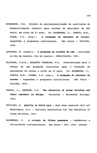 159



KISHIMOTO, T.M.        Projeto de profissionalização de auxiliares de
   desenvolvimento infantil para              creches do municlpio           de São
   Paulo, em nível de 2 Q grau.             In: ROSEMEERG, F., CAMPOS, M.M.,
   VIANA,    C.P.     (org.).       A    formação do       educador    de   creche:
   sugestões e propostas curriculares.                    São Paulo     : FCC/DPE,
   1992.


LOVISOLO, H. (coord.).          O programa de creches üa LBA : avaliação

   no Rio da Janeiro. Rio de Janeiro : MPASjFLACSO, 1987.

OLIVEIRA, Z.M.R.,          ROSSETTI FERREIRA, M.C.         Contribuições para       0


   esboço    de      uma     proposta     curricular      para   a    formação     de
   educadores de creche a nível de 2 Q grau.                  In: R O S h E R G , F. ,
   CAMPOS, M.M.,       VIANNA, C.P.       (org.)   .   A formação do educador de

   creche : sugestões e propostas curriculares.                       São Paulo :
   FCC/DPE, 1992.

PASCAL,    c., BERTRAM, A.D.            The eduaation of young children and
   their teachers in Europe.                Worcester      : Worcester      College,
   1992.


PHILLIPS, D.        Quality in child care : what does research te11 us?
   Washington, D.C.          : National Association for the Education of

   Young Children, 1987.

ROSEMBERG, F.          A    criação de filhos pequenos            : tendências      e
   amhiguidades contemporâneas.             São Paulo : FCC, 1992. (mimeo)
 