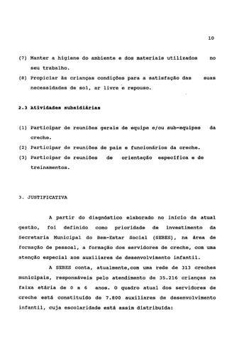 10



(7) Manter a higiene do ambiente e dos materiais utilizados             no
     seu trabalho.
(8) Propiciar às crianças condições para a satisfação das              suas
     necessidades de sol, ar livre e repouso.


23
 .   Atividades subsidiárias


(I) Participar de reuniões gerais de equipe e/ou sub-equipes            da
     creche.
(2) Participar de reuniões de pais e funcionários da creche.

( 3 ) Participar de reuniões   de     orientação    especifica e de
     treinamentos.




3 . JUSTIFICATIVA



           A partir do diagnóstico elaborado no início da atual
gestão,   foi   definido   como     prioridade     de   investimento    da
Secretaria Municipal do Bem-Estar       Social     (SEBES),   na área de
formação de pessoal, a formação dos servidores de creche, com uma
atenção especial aos auxiliares de desenvolvimento infantil.
           A SEBES conta, atualmente,com uma rede de 313 creches
municipais, responsáveis pelo atendimento de 35.216 crianças na
faixa etária de O a 6      anos. O quadro atual dos servidores de
creche está constituído de 7.800       auxiliares de desenvolvimento
infantil, cuja escolaridade está assim distribuida:
 