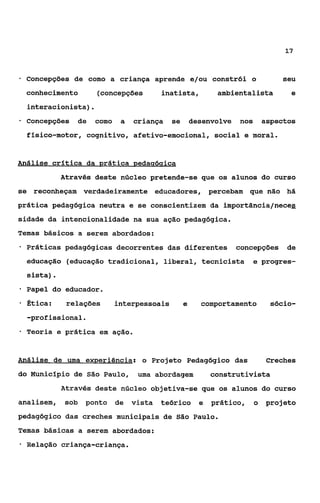 17



*   Concepções de como a criança aprende e/ou constrói o                          seu
    conhecimento       (concepções         inatista,          ambientalista         e
    interacionista).
*   Concepções    de   como    a   criança    se       desenvolve   nos       aspectos
    físico-motor, cognitivo, afetivo-emocional, social e moral.


Análise crítica da prática pedaqóqica
              Através deste núcleo pretende-se que os alunos do curso
se reconheçam verdadeiramente educadores, percebam que não há
prática pedagógica neutra e se conscientizem da importância/neceg
sidade da intencionalidade na sua ação pedagógica.
Temas básicos a serem abordados:
*   Práticas pedagógicas decorrentes das diferentes                 concepções     de
    educação (educação tradicional, liberal, tecnicista                   e progres-

    sista).
*   Papel do educador.
*   Ética:     relações       interpessoais        e     comportamento          sócio-
    -profissional.
*
    Teoria e prática em ação.


Análise de uma eaeriência: o Projeto Pedagógico das                            Creches
do Município de São Paulo,          uma abordagem            construtivista
              Através deste nGcleo objetiva-se que os alunos do curso
analisem,      sob   ponto    de   vista   teórico       e   prático,     o    projeto
pedagógico das creches municipais de São Paulo.
Temas básicas a serem abordados:
*   Relação criança-criança.
 