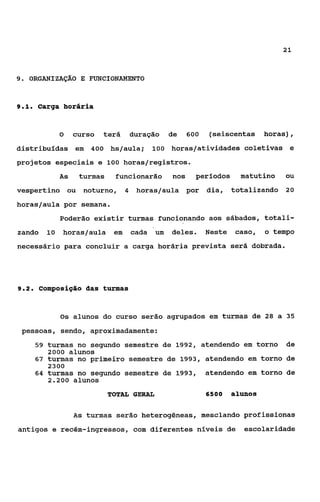 21


9. ORGANIZAÇÁO E FUNCIONAMENTO



91
 ..    Carga horária


              O    curso   terá        duração     de    600    (seiscentas horas) ,
distribuídas em 400 hs/aula; 100 horaslatividades coletivas e
projetos especiais e 100 horas/registros.
              As    turmas    funcionarão          nos     períodos      matutino   ou
vespertino ou noturno,             4    horas/aula por         dia, totalizando 20
horas/aula por semana.
              Poderão existir turmas funcionando aos sábados, totali-
zando    10   horas/aula      em       cada   um   deles.      Neste    caso,   o tempo
necessário para concluir a carga horária prevista será dobrada.




9.2.   Composição das turmas


              0s alunos do curso serão agrupados em turmas de 28 a 35
 pessoas, sendo, aproximadamente:
       59 turmas no segundo semestre de 1992, atendendo em torno de
          2000 alunos
       67 turmas no primeiro semestre de 1993, atendendo em torno de
          2300
       64 turmas no segundo semestre de 1993,                  atendendo em torno de
          2.200 alunos

                             TOTAL GERAL                       6500    alunos

                   As turmas serão heterogêneas, mesclando profissionas
antigos e recém-ingressos, com diferentes níveis de                       escolaridade
 