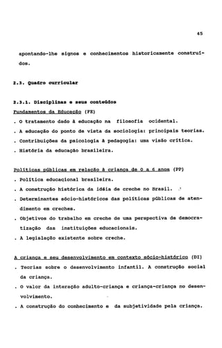 45



  apontando-lhe signos e conhecimentos historicamente construí-
  dos.


23
 ..    Quadro aurriaular


231
 ...     Disciplinas e seus conteúdos
Fundamentos da Educacão (FE)
. O tratamento dado & educação na filosofia ocidental.
. A educação do ponto de vista da sociologia: principais teorias.
. Contribuições da psicologia a pedagogia: uma visão critica.
. História da educação brasileira.
Politicas públicas em relacão â crianca de O a 6 anos (PP)
. Política educaqional brasileira.
.A    construção histórica da idéia de creche no Brasil.   83


. Determinantes    sócio-históricos das políticas públicas de aten-
  dimento em creches.
. Objetivos do trabalho em creche de uma perspectiva de democra-
  tização    das   instituições educacionais.
.A    legislação existente sobre creche.


E crianca e seu desenvolvimento em contexto sócio-histórico (DI)
. Teorias   sobre o desenvolvimento infantil. A construção social
  da criança.
. O valor da    intaração adulto-criança e criança-criança no desen-
  volvimento.
.A    construção do conhecimento e   da subjetividade pela criança.
 